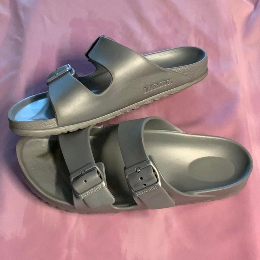 Birkenstock Metallic Gray Slide Sandals
